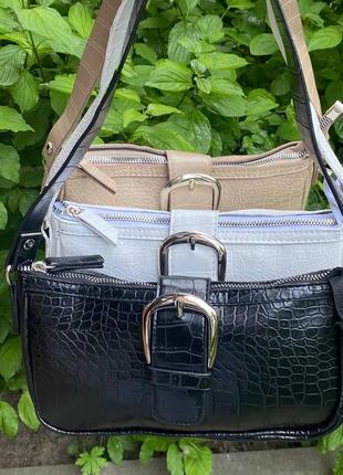 Бежева сумка через плече сумочка клатч кроссбоди багет під рептилію крокодил, пітон3 фото