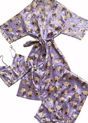 Шелковый комплект халат и пижама топ с штанами