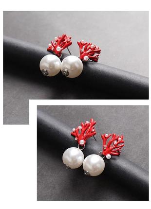 Неймовірно стильні сережки корал емаль з перлами та камінням3 фото