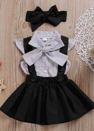 Комплект для девочки нарядный черный строгий классический блузка + юбка ( сарафан )+ повязка