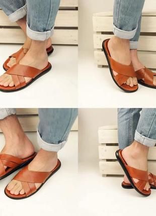 🇹🇷шлепанцы (шлепки,сланцы)мужские коричневые (рыжие) кожаные летние