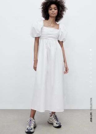 Белое платье сарафан с обьемными рукавами поплин zara оригинал
