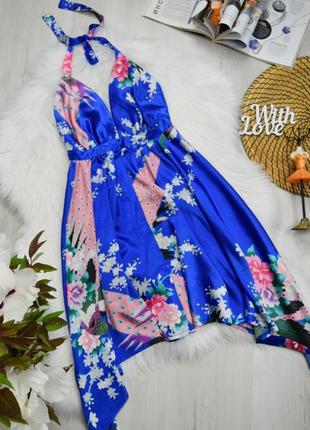 Сукня атласна асиметрична синя плаття сарафан