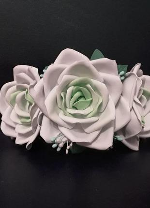 Ободок обруч вінок ручная работа мятно-белые розы цветы.1 фото