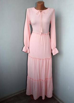 Романтична довга сукня бохо пудровий рожевий mtk collection довгий рукав ярусна зав'язки2 фото