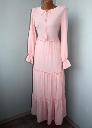 Романтична довга сукня бохо пудровий рожевий mtk collection довгий рукав ярусна зав'язки