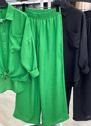 Зеленый костюм рубашка свободного кроя и брюки штаны клеш льняной однотонный модный трендовый стильный легкий3 фото