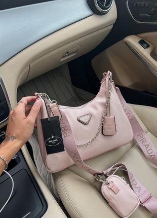 Трендова пудрова рожева жіноча сумочка в стилі prada re-edition light pink женская розовая пудра нейлоновая сумка бренд новинка8 фото