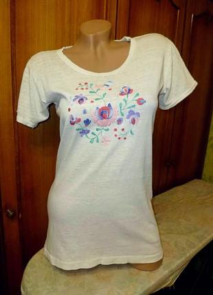 Натуральна біла футболка з вишивкою,довга,дефект,вінтаж