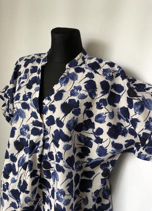 Туника блуза лён белая с синими цветами3 фото