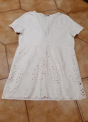 Zara футболка с ажурной вышивкой белый1 фото