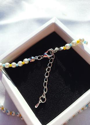 Патріотичний чокер з намистинками з металевою срібною підвіскою герб тризуб україни3 фото