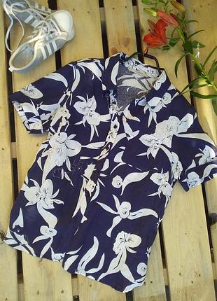 Льняная рубашка с коротким рукавом в цветы фиолет цветочный принт