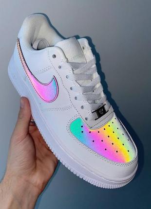 Nike air force white reflective трендові жіночі білі кросівки рефлектив найк форс женские белые рефлективные крутые кроссовки тренд10 фото