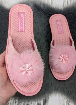 Тапочки женские домашние белста розовые с пушком открытый носок