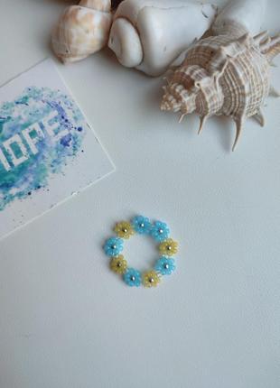 Комплект украшений из бисера, чокер, браслет, кольцо, голубой, желтый, ромашки,...