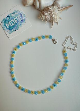 Комплект украшений из бисера, чокер, браслет, кольцо, голубой, желтый, ромашки,...