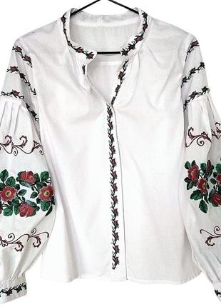 Жіноча бавовняна блузка вишиванка білого кольору з червоною вишивкою в стилі бохо з довгим рукавом