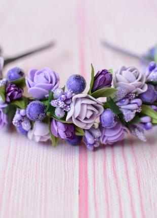 Обруч обідок з квітами фіолетовий2 фото