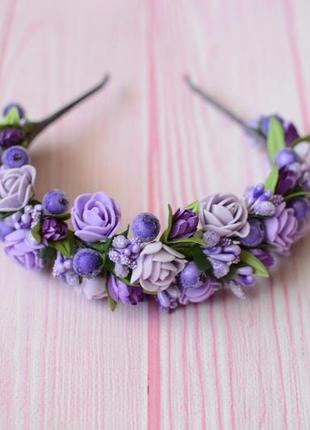 Обруч ободок з квітами фіолетовий3 фото