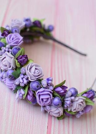 Обруч обідок з квітами фіолетовий1 фото