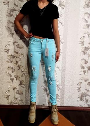 Мятные бирюзовые джинсы стрейчевые новые с бусинами7 фото