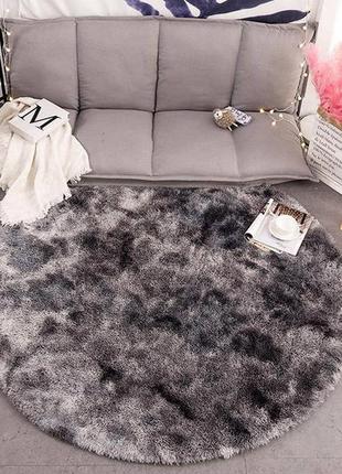 Круглий приліжковий килимок для ніг травичка 100 см пухнастий килим з довгим ворсом хутряний темно сірий4 фото