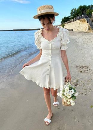 Платье сарафан льняное белое с рюшами