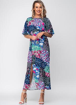 Міді сукня з комбінацією квіткових принтів very peri розріз міді плаття срчетание принтів рукава ангела2 фото