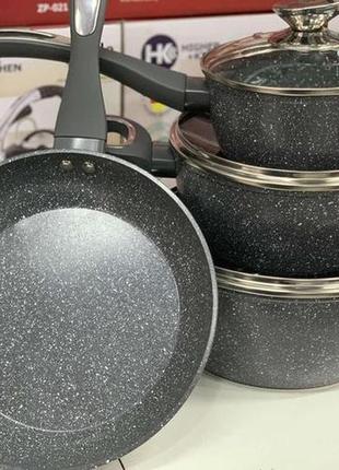 Набір посуду для кухні зі сковородою граніт круглий ( 7 предметів) пк-314 сірий