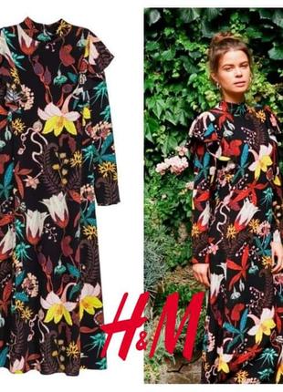 Відома сукня h&m квітковий принт рюш довгий рукав цветочное миди платье крупный цветочный принт на темном фоне вискоза ворот стойка