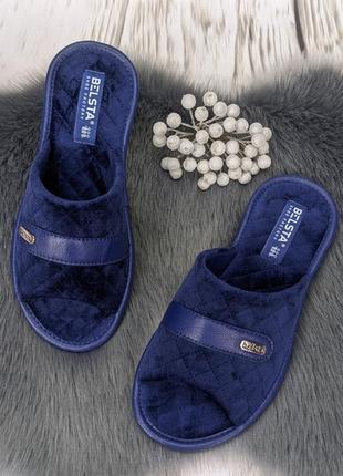 Тапочки женские домашние белста с открытым носком велюровые синие5 фото