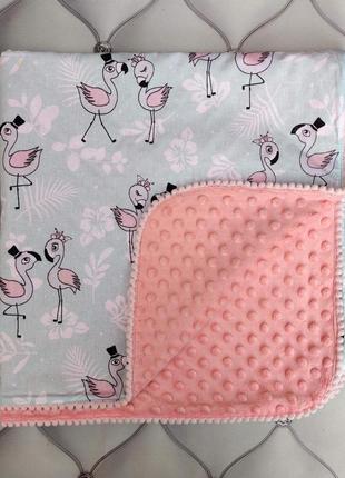 Дитячий плед фламінго на плюші, мята з рожевим, польська бавовна, 78х78