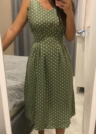 Оливковое новое платье, нежное в горошек, собранная талия стиль zara