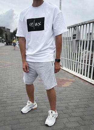 Белая футболка оверсайз мужская белого цвета с принтом relax качественный трикотаж двунитка