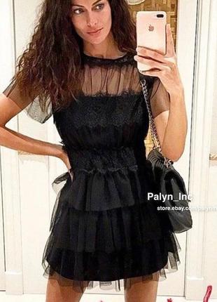 Черное чёрное нарядное элегантное клубное вечернее мини платье из тюля zara xs 34