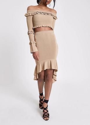 Новая!модная трикотажная юбка-миди с воланом и высокой талией