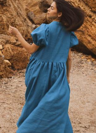 Голубое платье макси с коротким рукавом и завязками на груди из натурального льна2 фото