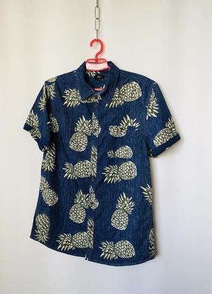 Рубашка гавайка синяя с ананасами3 фото