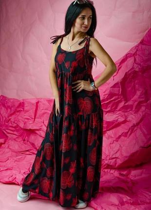 Длинный черный сарафан, платье с крупными цветами длинной в пол 42-44, 46-48