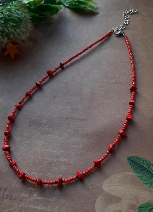 Чокер бісер кольє намисто hand made бижутер прикрашений червон хіт корал тренд