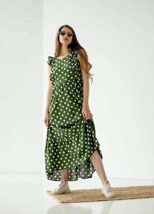 Льняное длинное платье зеленого цвета 42,44,46,48