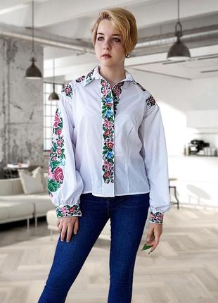 Біла бавовняна блузка вишиванка з довгим рукавом в стилі бохо8 фото