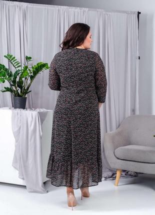 Квіткове шифонова чорне жіноче плаття максі довжини з рюшами, прямого крою 50, 52, 54, 562 фото
