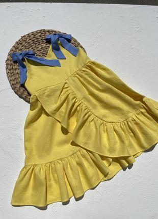 Патріотична сукня з льону жовта блакитні завязки4 фото