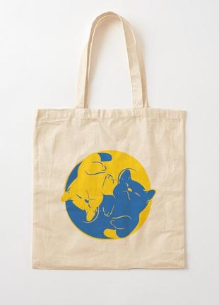 Эко-сумка, шоппер, повседневная с принтом "украинские коты инь ян (синий и желтый) 3"1 фото