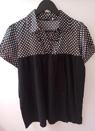 Черно - белая рубашка блуза в горох большого размера атлас и трикотаж oggi1 фото