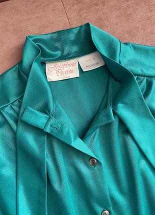 Шелковая атласная изумрудная блуза блузка рубашка с длинными рукавами7 фото