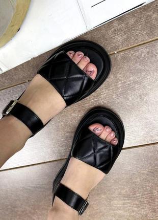Чёрные стёганные кожаные сандали босоножки3 фото