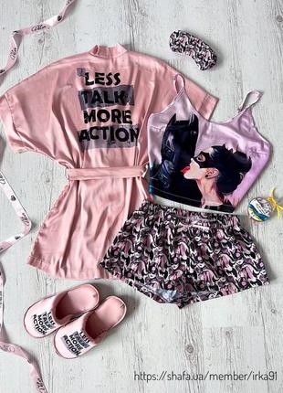 Шовкова піжама і халат з принтом less talk more action